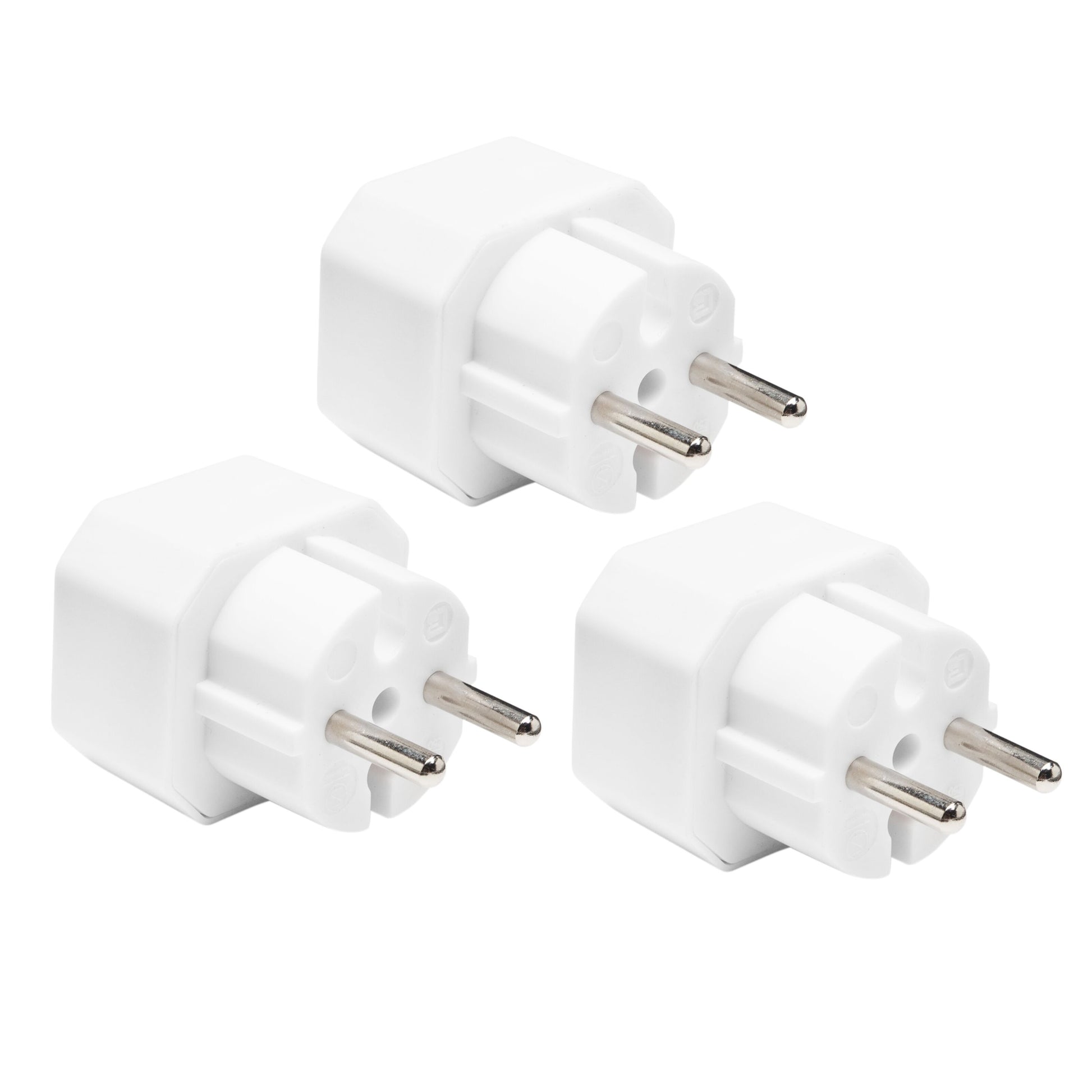 Luxorparts stikdåse EU 2-vejs adapter 3-pak med to runde ben per stik, adapttere vist side om side.