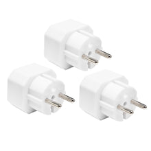 Luxorparts stikdåse EU 2-vejs adapter 3-pak med to runde ben per stik, adapttere vist side om side.