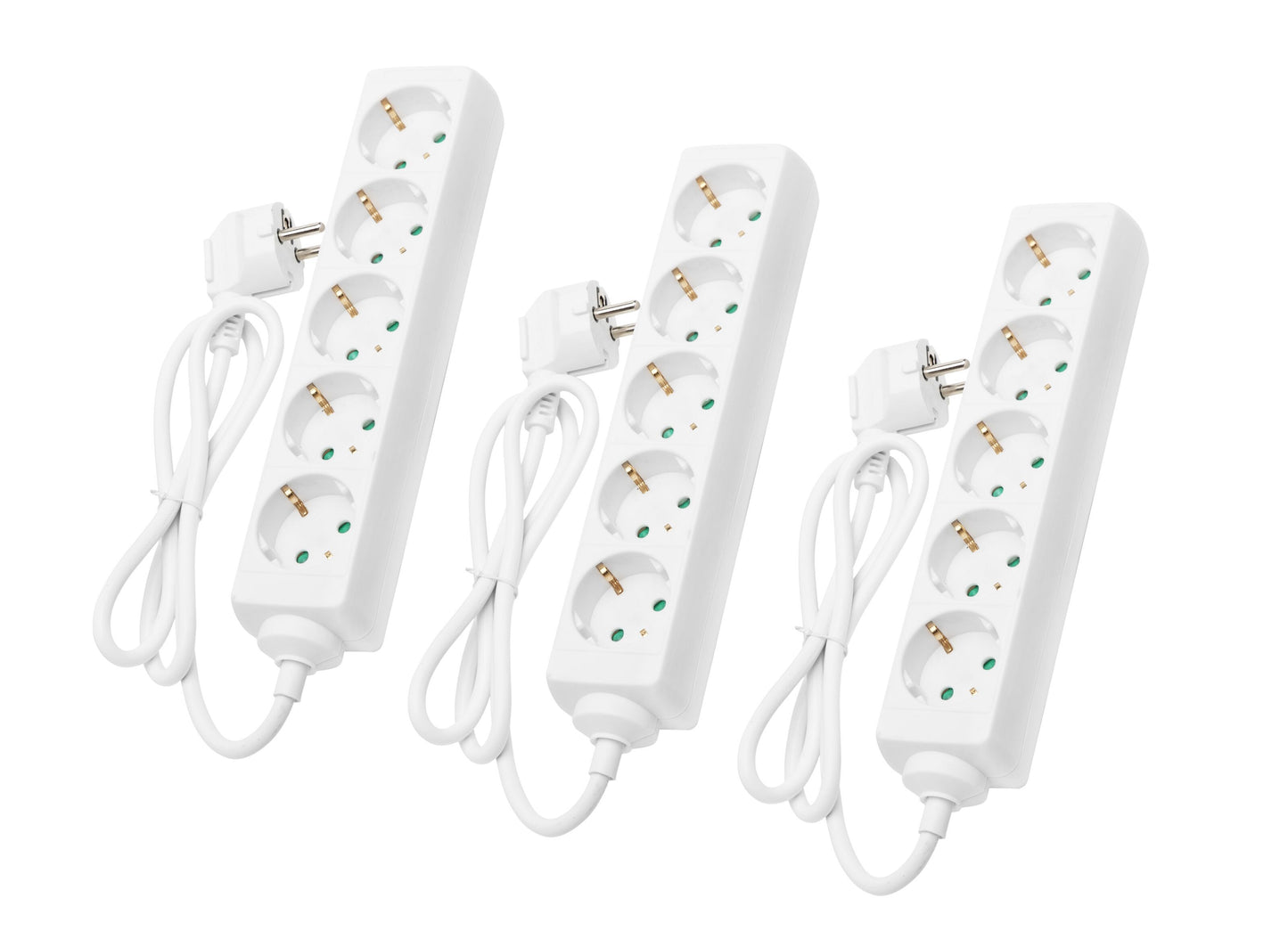 Luxorparts stikdåse 5-vejs 3-pak, 1 m, flere udtag og snoede ledninger, set diagonalt.