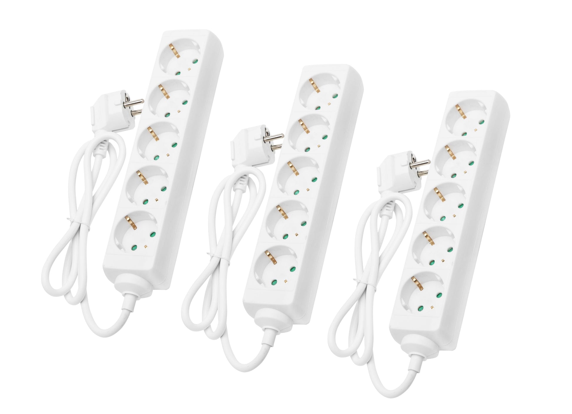 Luxorparts stikdåse 5-vejs 3-pak, 1 m, flere udtag og snoede ledninger, set diagonalt.