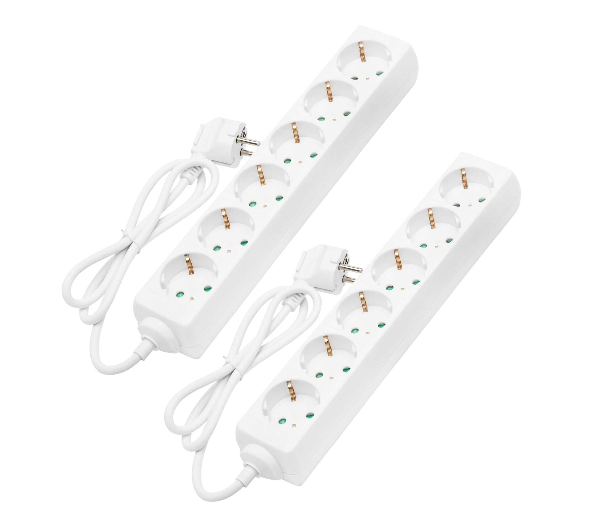 Luxorparts 6-vejs stikdåse, 2-pak, 1 m ledning, hvide stikdåser side om side.