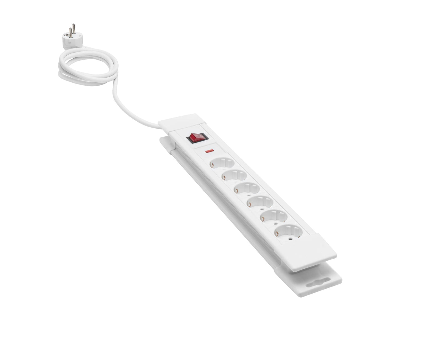 Stikdåse med overspændingsbeskyttelse, seks udtag, rød tænd/sluk-knap, 1,4 m hvid ledning med stik.
