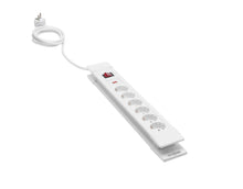 Stikdåse med overspændingsbeskyttelse, seks udtag, rød tænd/sluk-knap, 1,4 m hvid ledning med stik.