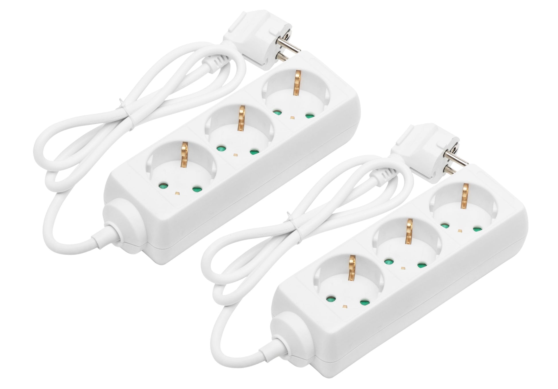 3-vejs stikdåse power strips 2-pak med 1 m kabler og vinklet stik, hvid, placeret side om side.