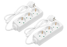 3-vejs stikdåse power strips 2-pak med 1 m kabler og vinklet stik, hvid, placeret side om side.