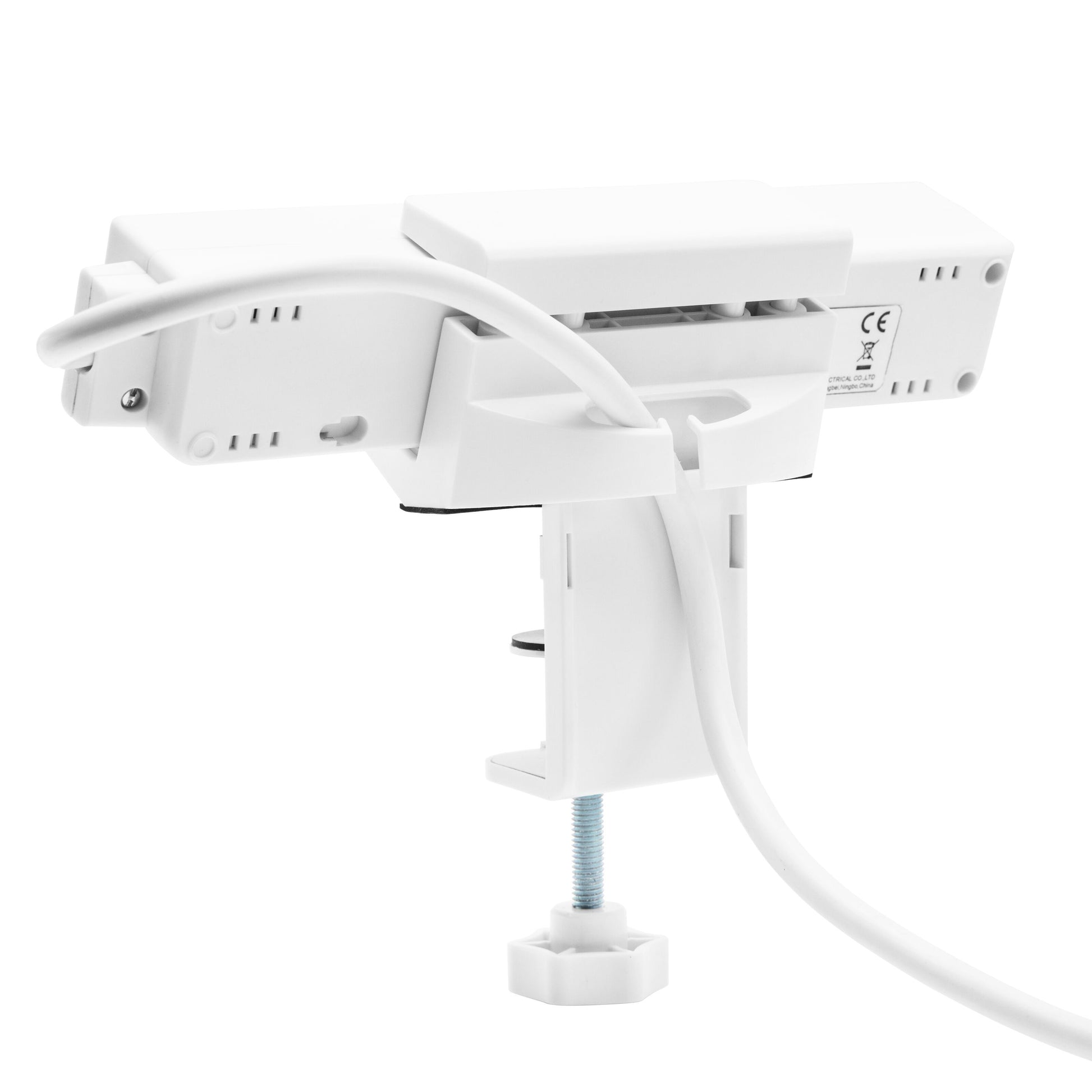 Luxorparts bordbeslag til stikkontakt, hvid, ventilationsslidser, strømkabel og skruer til montering på bord eller skrivebord.
