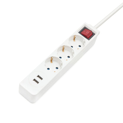 Stikdåse med 3 stikudtag, 2 USB-porte og 1,4 m ledning.