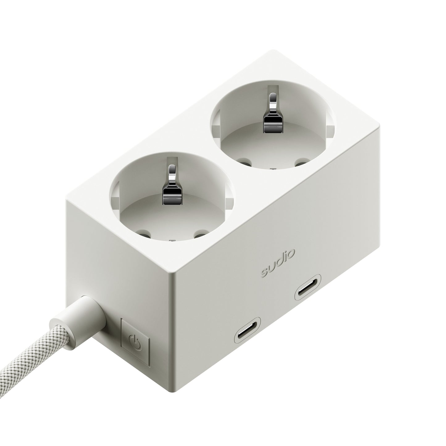 Sudio vægadapter hvid med GaN 30W, til EU-stik, til USB-C port, flettet kabel, tænd/sluk-knap, Sudio-logo.