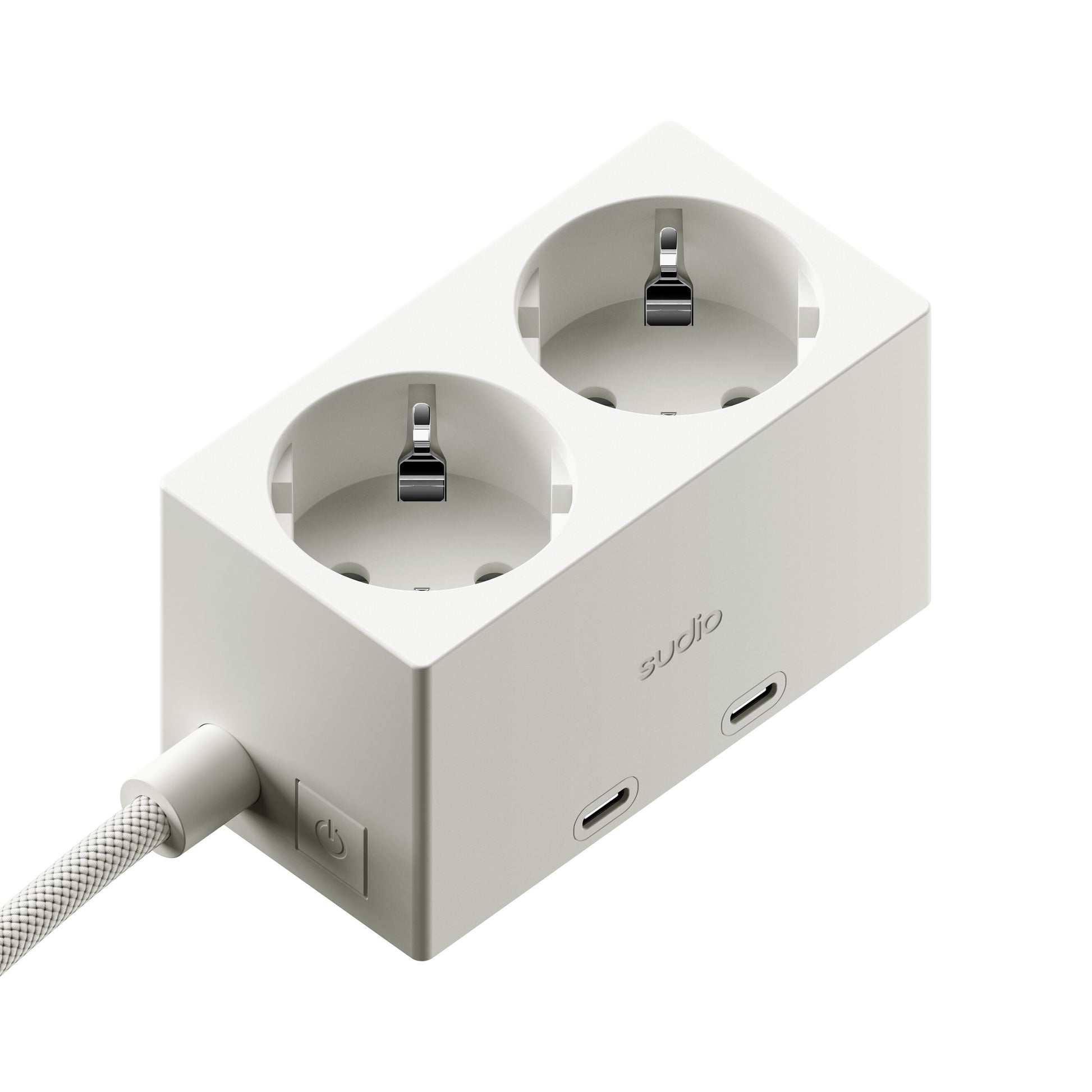 Sudio vægadapter hvid med GaN 30W, til EU-stik, til USB-C port, flettet kabel, tænd/sluk-knap, Sudio-logo.