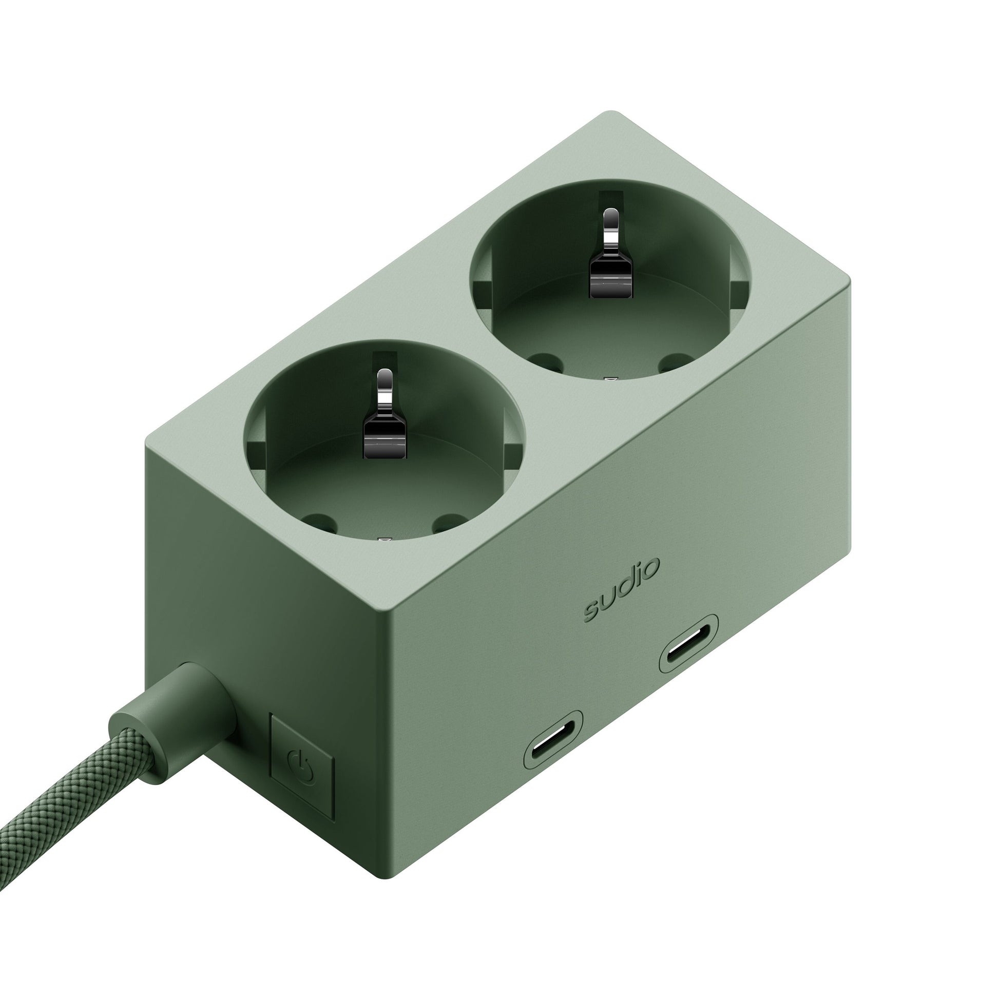 Sudio vægadapter GaN 30W grøn, til europæiske runde stik, til USB-C port, flettet ledning, power-knap, logo.