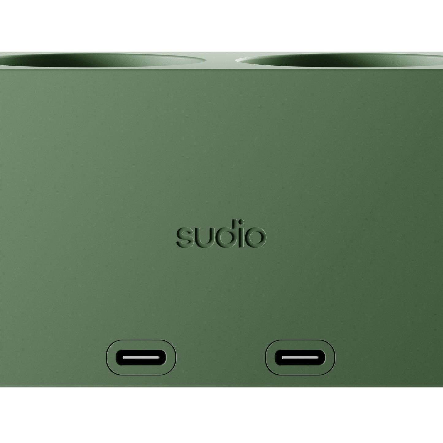Sudio vægadapter GaN-opladning 30 W grøn, mat finish, præget Sudio-logo, til USB-C-porte under logo.