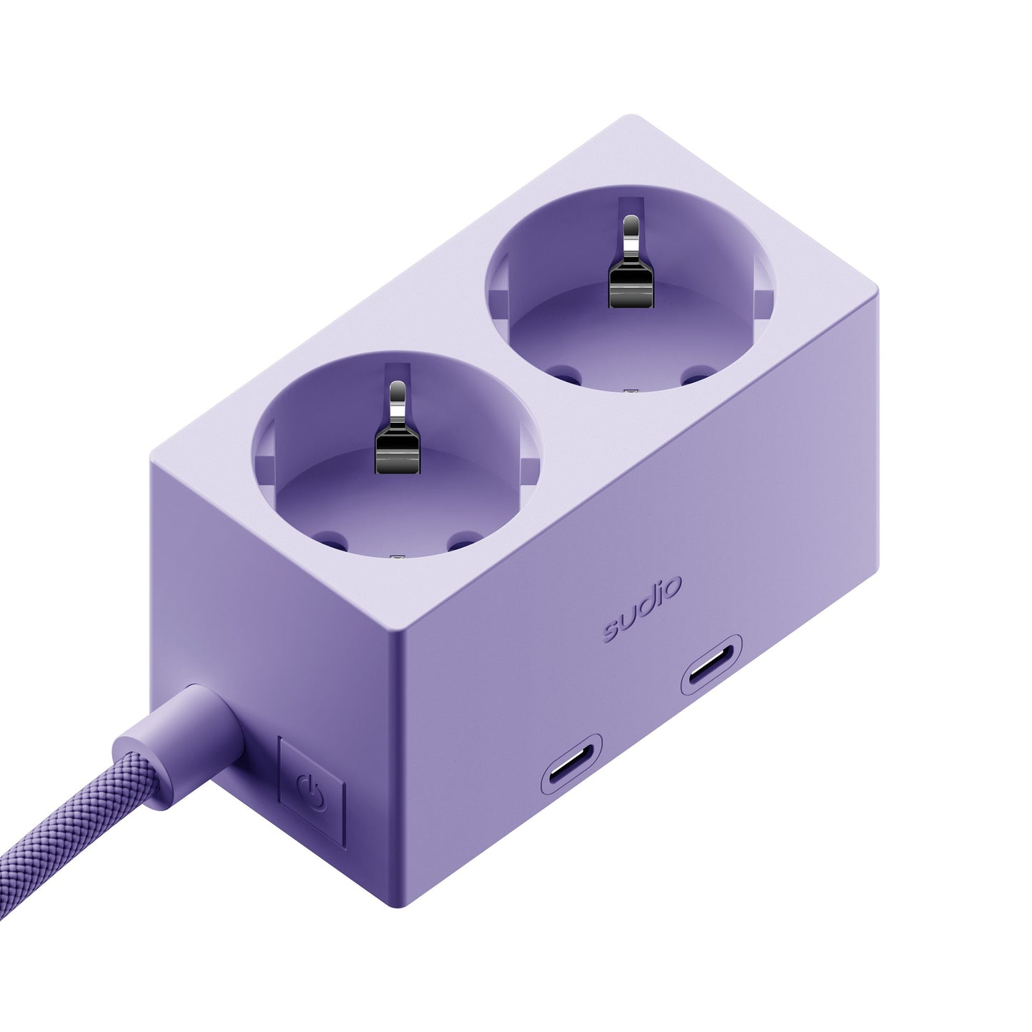 Sudio vægadapter GaN-opladning 30 W lilla, til EU-udtag, til USB-C port, flettet ledning, sideknap, sudio-logo.