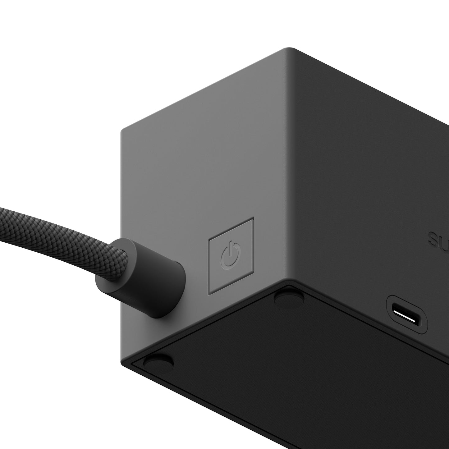 Sudio Vægudtag med GaN-opladning 30 W sort, USB-C-port, strømknap-symbol, tekstureret kabel tilsluttet.