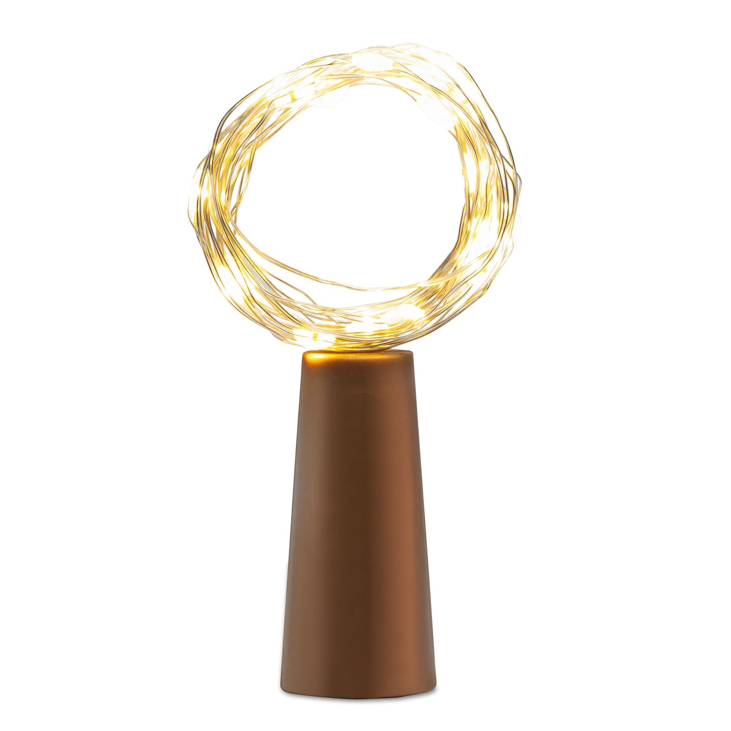 Rubicson vinprop med LED-lys, bronzefarvet konisk base, cirkelformet streng med lys i toppen.