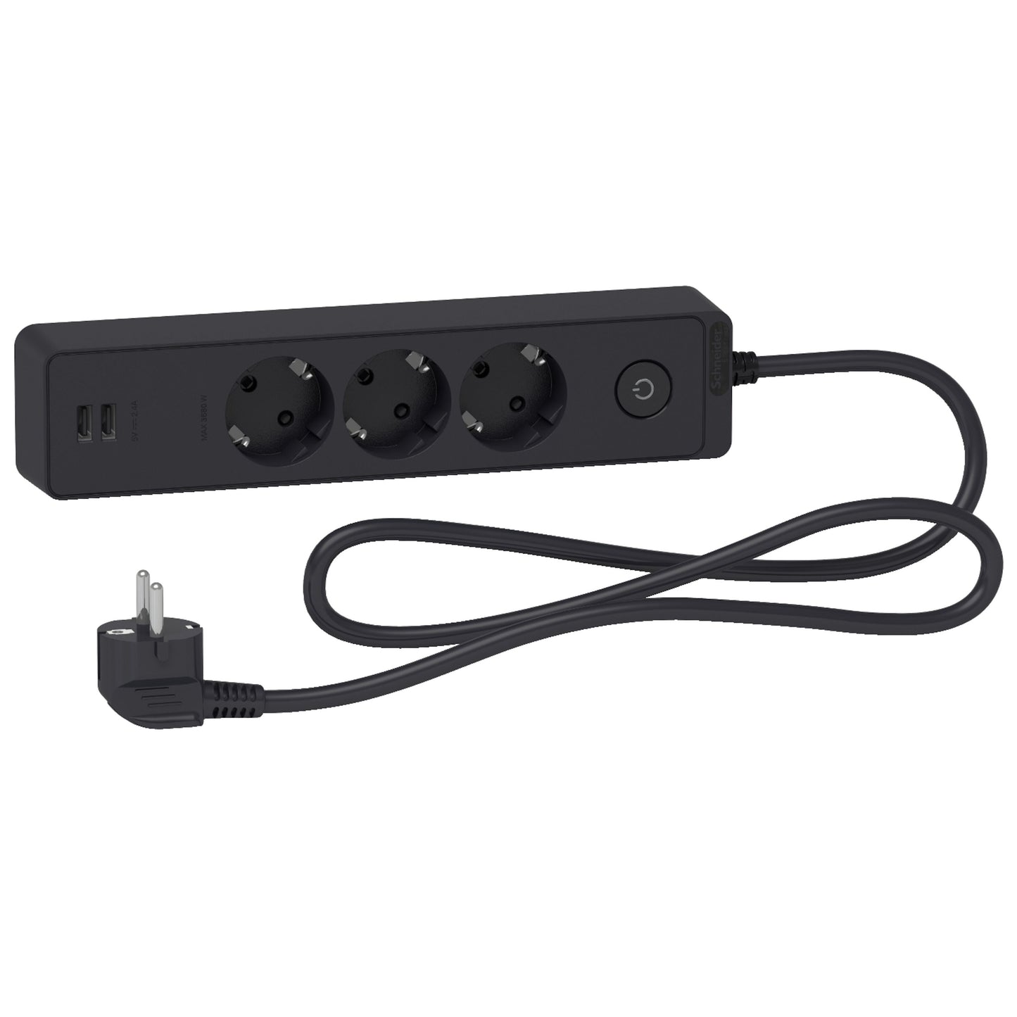 Schneider 3-vejs sort stikdåse med afbryder, 3 Schuko-udtag, 2 USB-porte, sort kabel til vinkelstik.