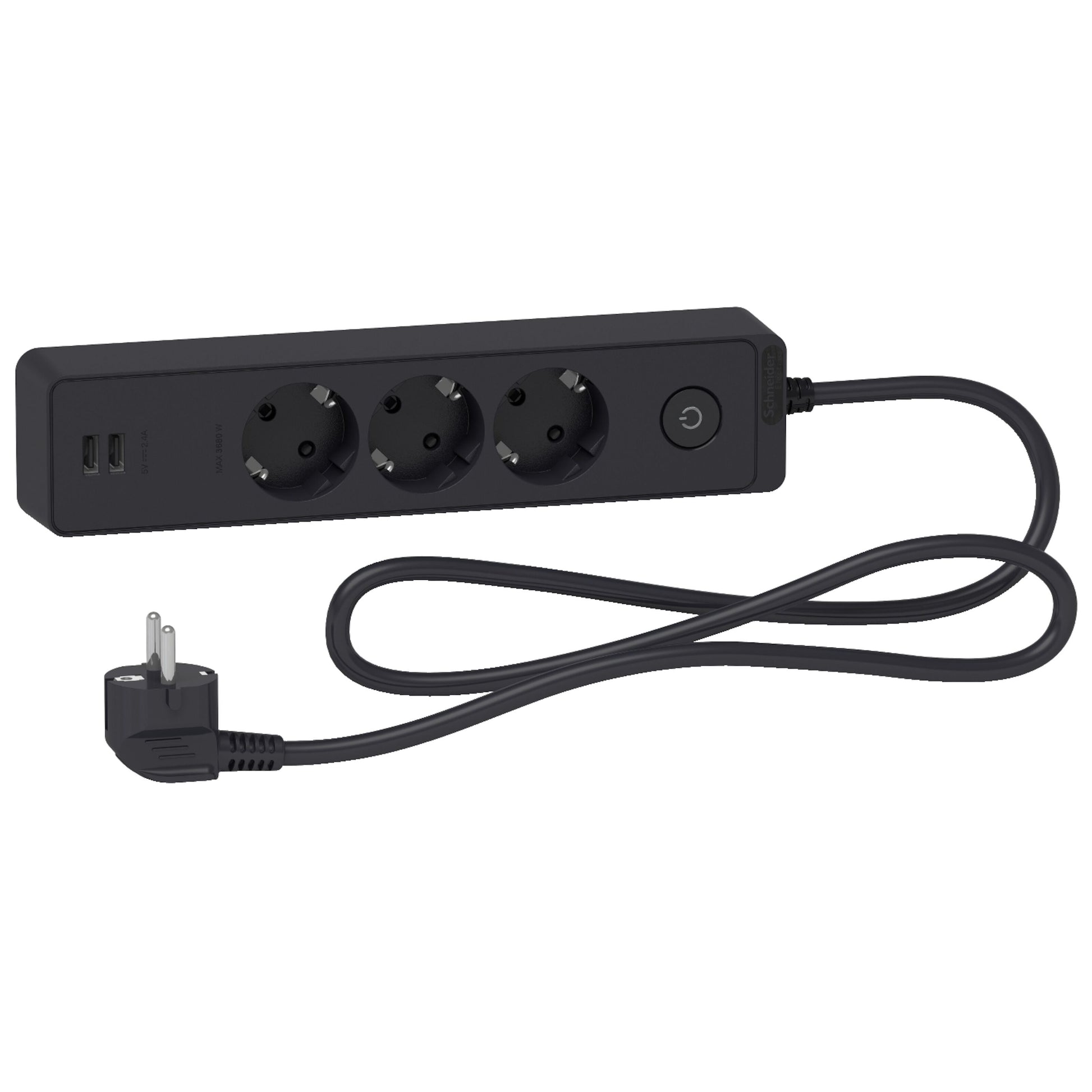 Schneider 3-vejs sort stikdåse med afbryder, 3 Schuko-udtag, 2 USB-porte, sort kabel til vinkelstik.