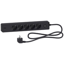 Schneider Electric stikdåse 5-vejs sort 1,5m med afbryder, 2 USB-porte og vinkelstik.