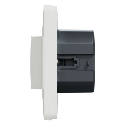 Schneider Exxact Dæmper LED 370W Hvid, side, med hvid frontplade og synlige interne forbindelseskomponenter.