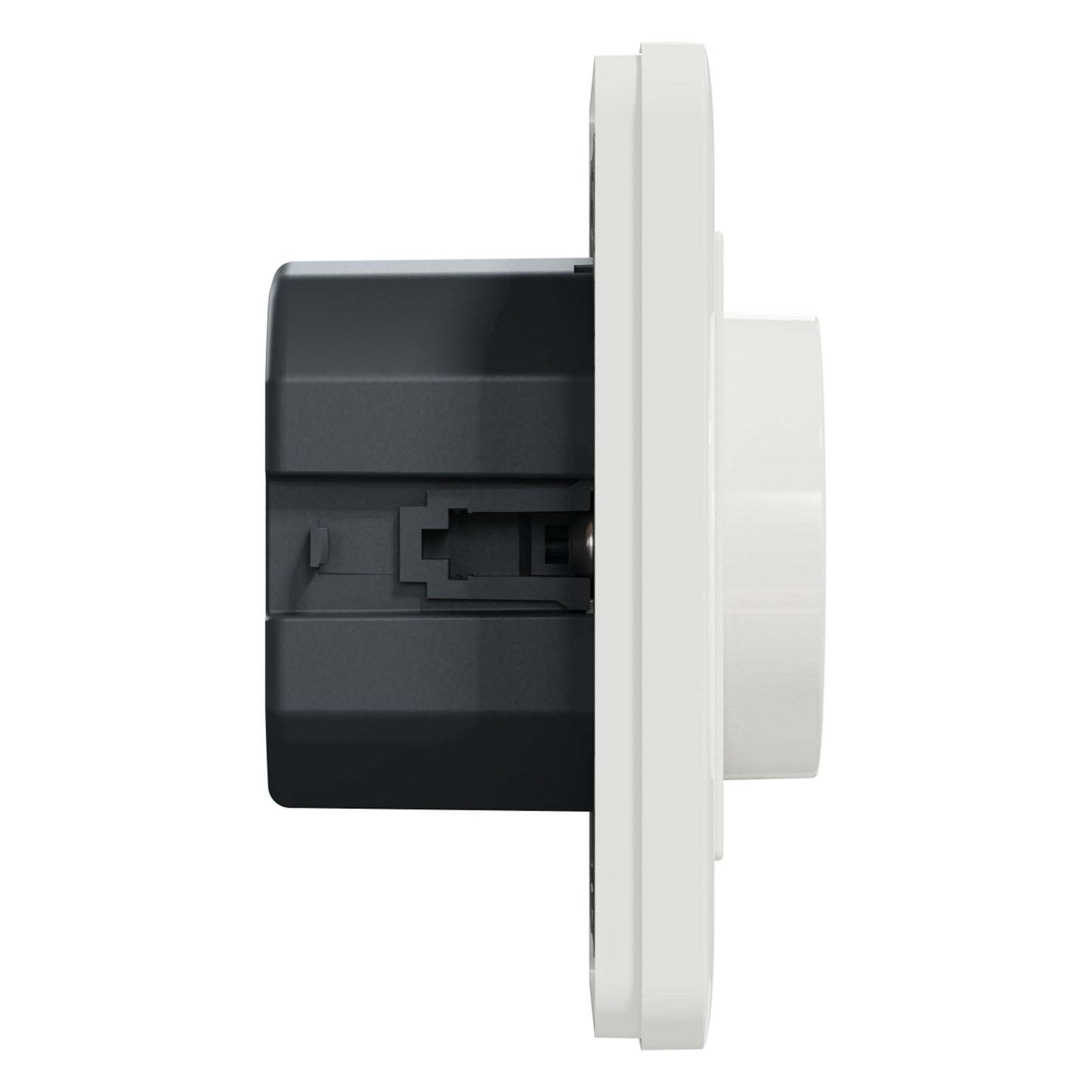 Schneider Electric Exxact Dæmper LED 370 W Hvid, kvadratisk vægkontakt, sort hus, hvid front, sideview.