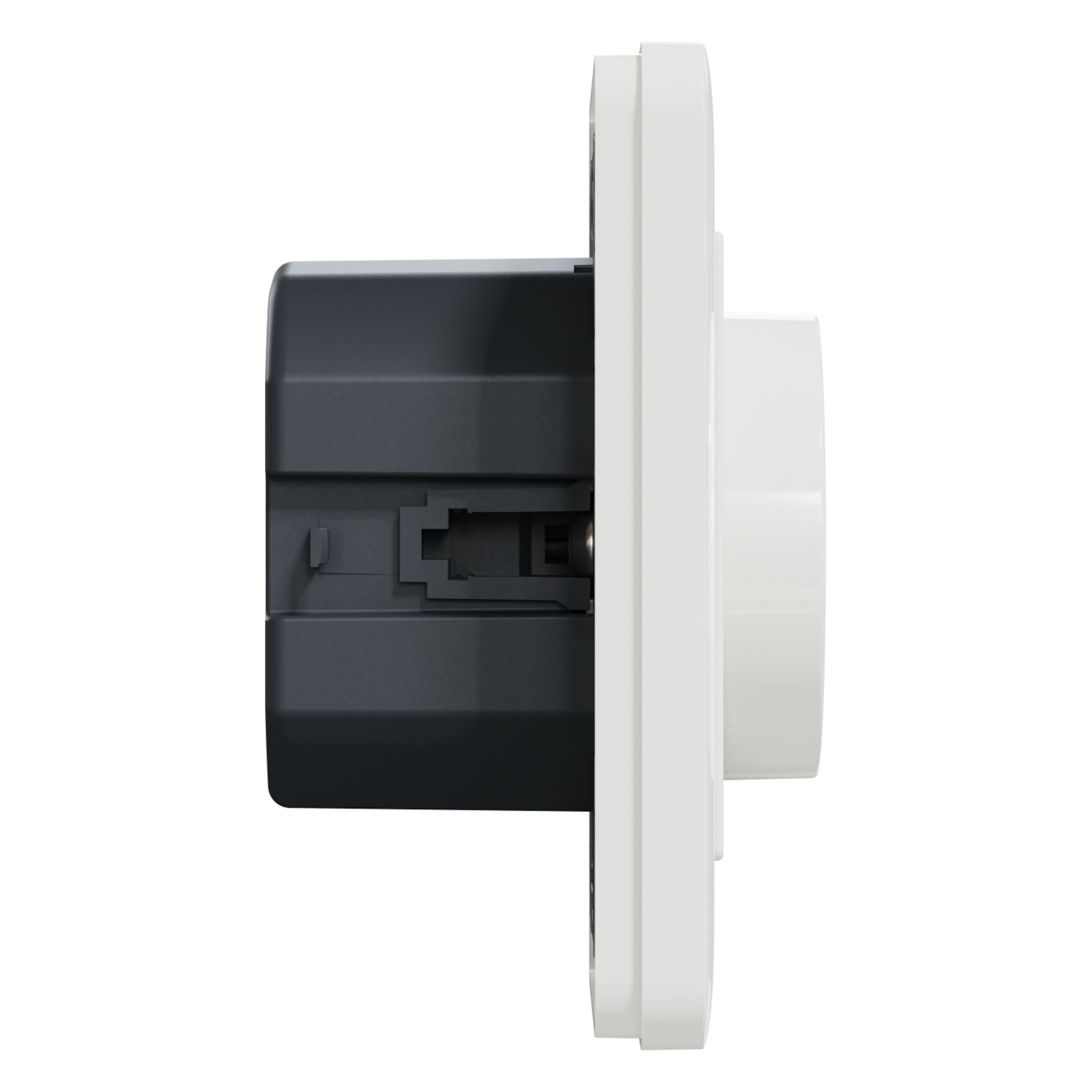 Schneider Electric Exxact Dæmper LED 370 W Hvid, kvadratisk vægkontakt, sort hus, hvid front, sideview.