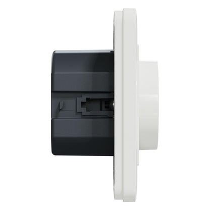 Schneider Electric Exxact Dæmper LED 370 W Hvid, kvadratisk vægkontakt, sort hus, hvid front, sideview.