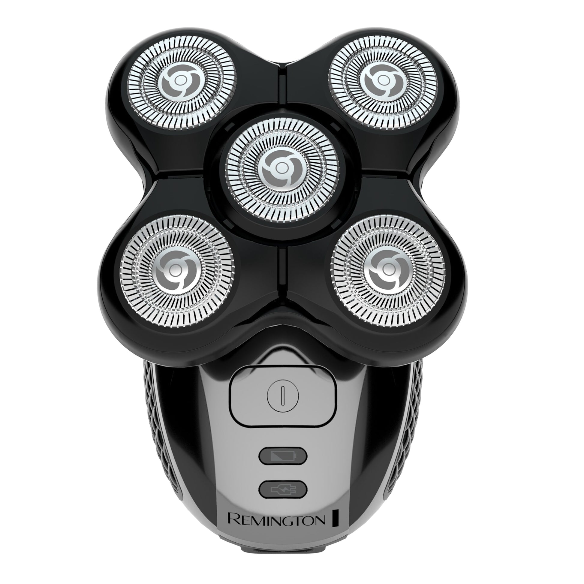 Remington Ultimate Series RX5 XR1500 sort og sølv barbermaskine med fem roterende skær og frontplaceret tænd/sluk-knap.