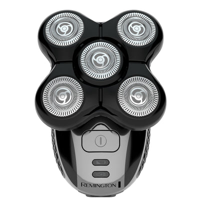 Remington Ultimate Series RX5 XR1500 sort og sølv barbermaskine med fem roterende skær og frontplaceret tænd/sluk-knap.