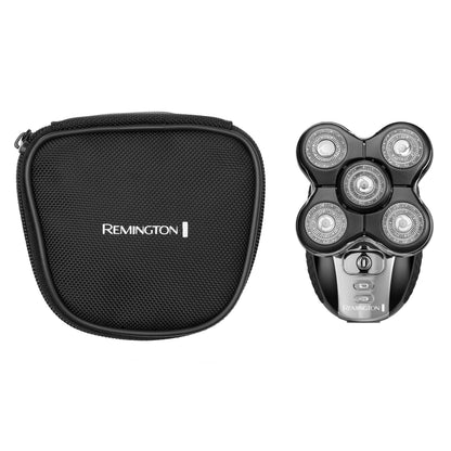 Remington Ultimate Series RX5 XR1500 sort shaver med 5 roterende blade ved siden af sort taske med Remington-logo.