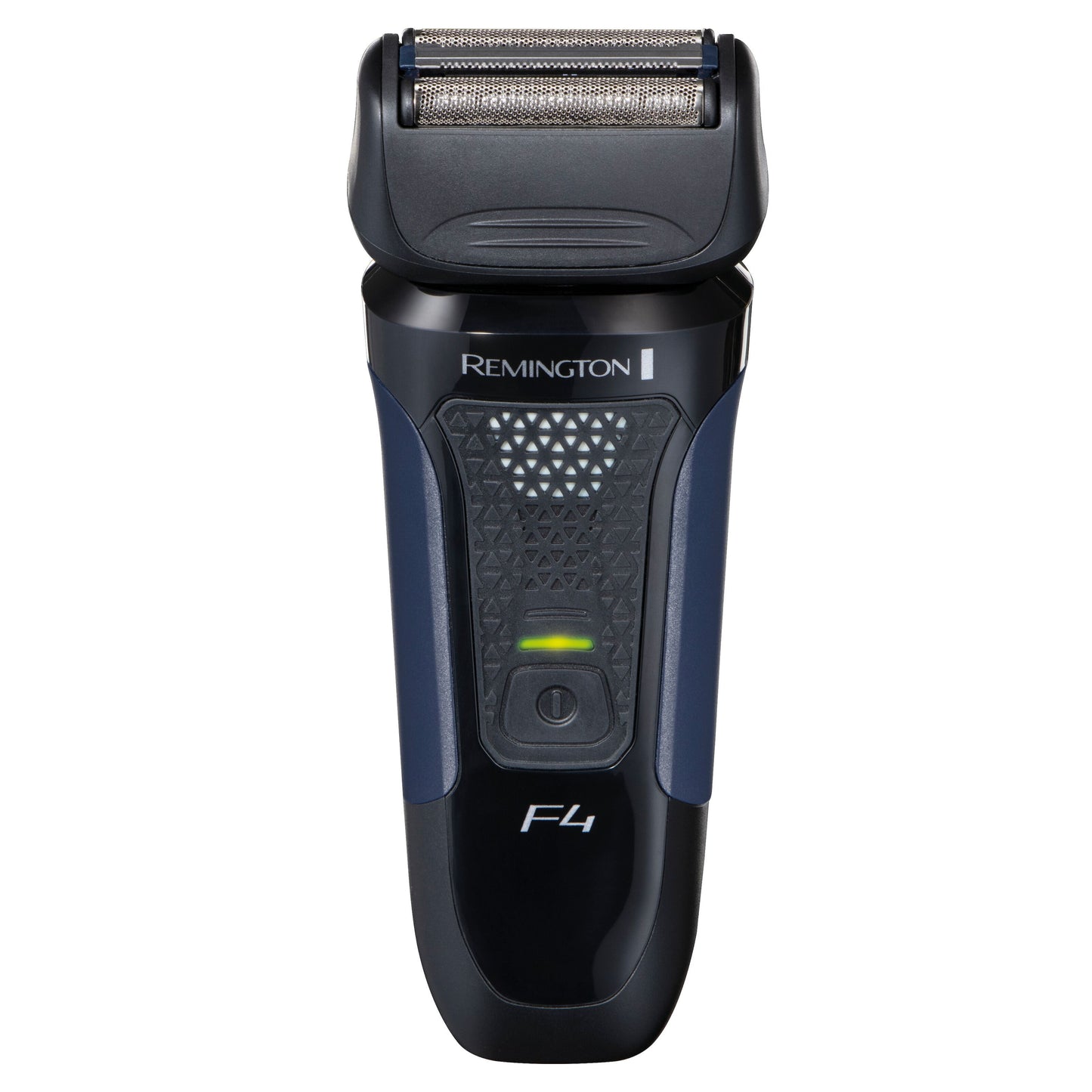 Remington F4002 folieskraber sort/mørkeblå, struktureret greb, sølvbarberhoved, grøn tænd/sluk-indikator.