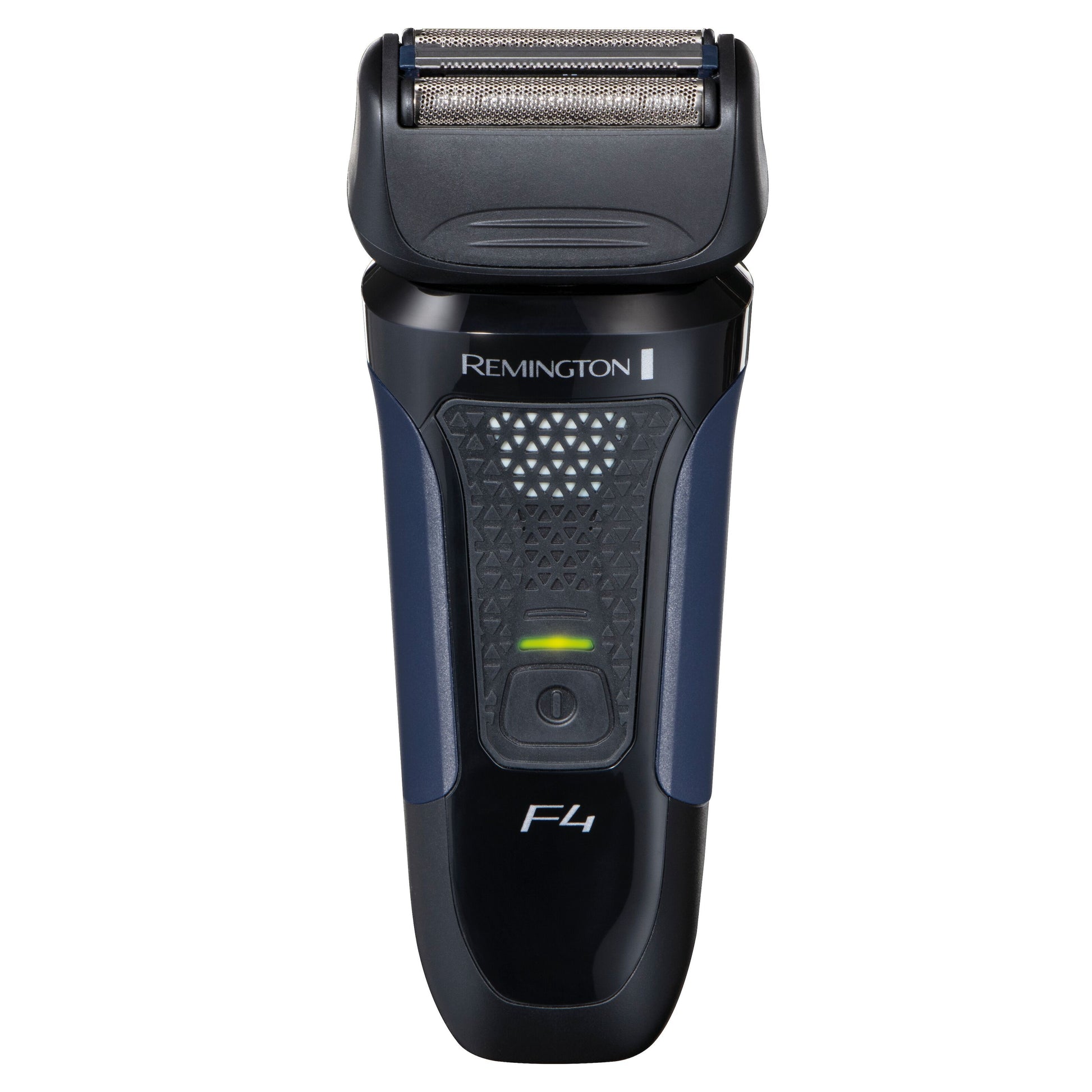 Remington F4002 folieskraber sort/mørkeblå, struktureret greb, sølvbarberhoved, grøn tænd/sluk-indikator.