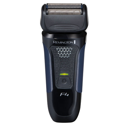 Remington F4002 folieskraber sort/mørkeblå, struktureret greb, sølvbarberhoved, grøn tænd/sluk-indikator.