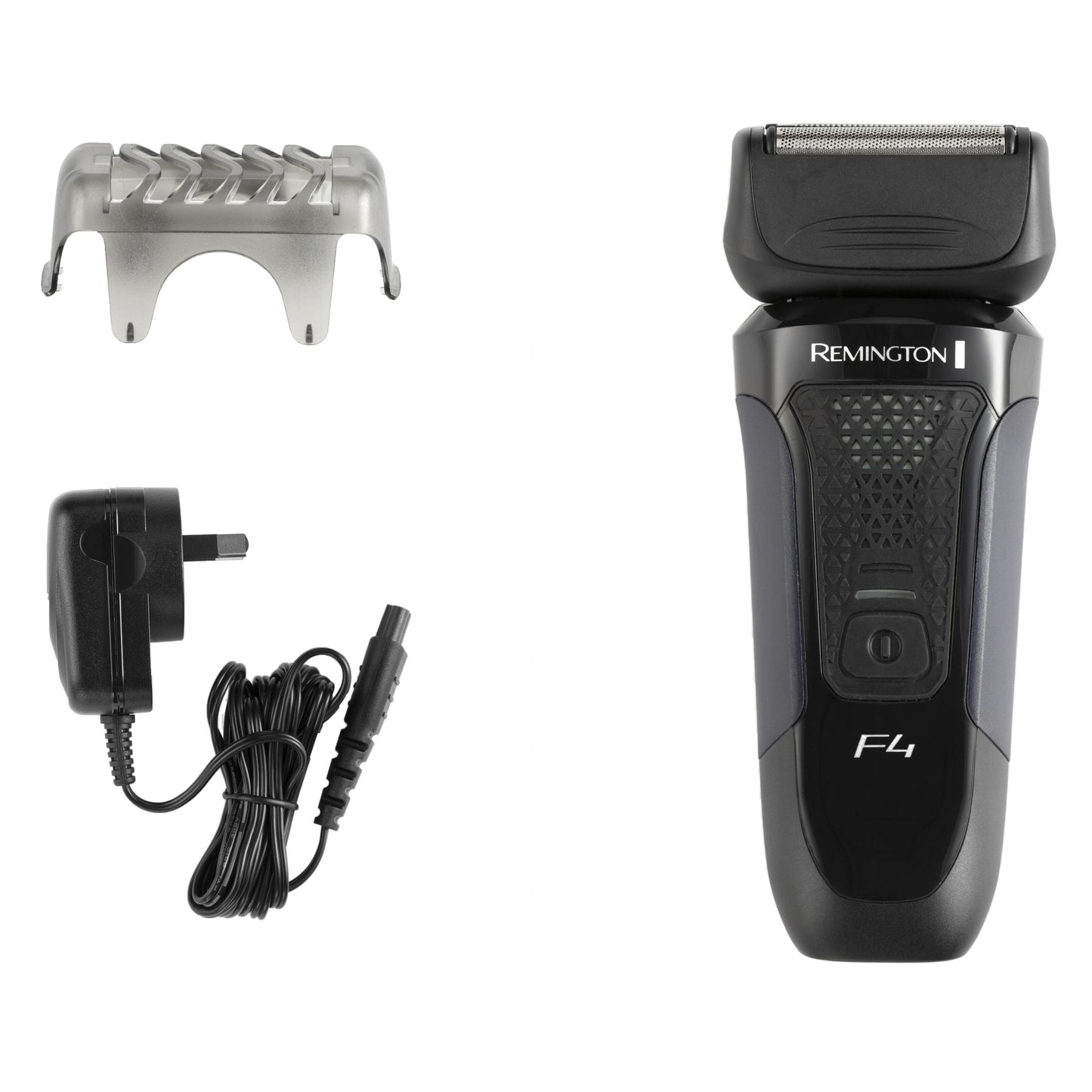 Remington F4002 folieskraber sort med skægtrimmer-tilbehør og UK opladerkabel.