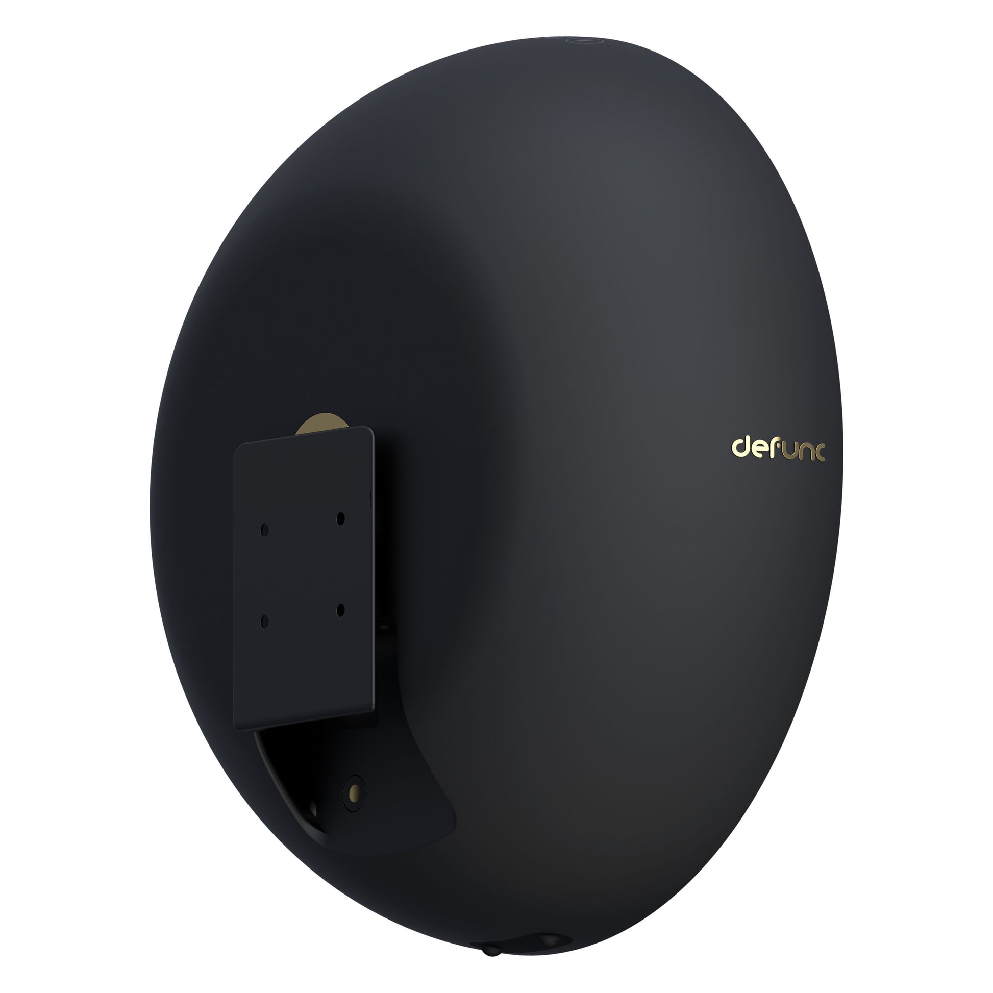 Defunc Hjem sort oval trådløs højttaler med mat finish, guld defunc-logo på siden, inkluderer sort vægbeslag.
