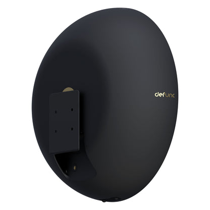 Defunc Hjem sort oval trådløs højttaler med mat finish, guld defunc-logo på siden, inkluderer sort vægbeslag.