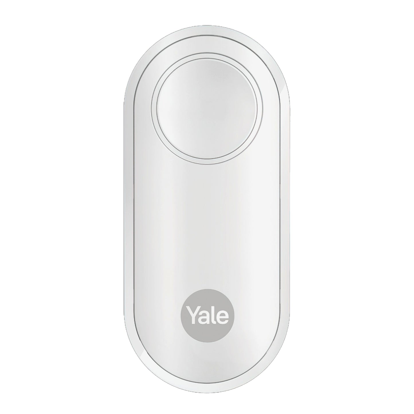 Yale Alarmknap hvid oval smart dør-sensor med top cirkelknap og Yale-logo under.