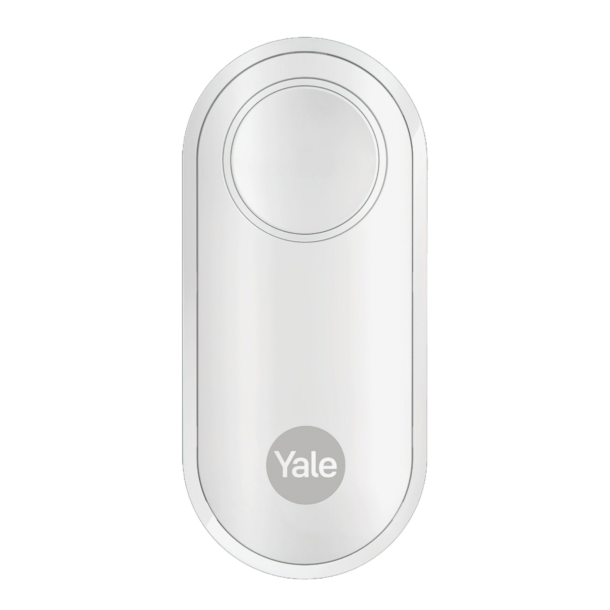 Yale Alarmknap hvid oval smart dør-sensor med top cirkelknap og Yale-logo under.