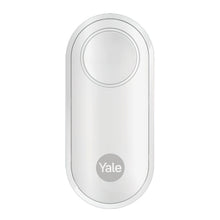 Yale Alarmknap hvid oval smart dør-sensor med top cirkelknap og Yale-logo under.