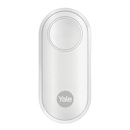 Yale Alarmknap hvid oval smart dør-sensor med top cirkelknap og Yale-logo under.