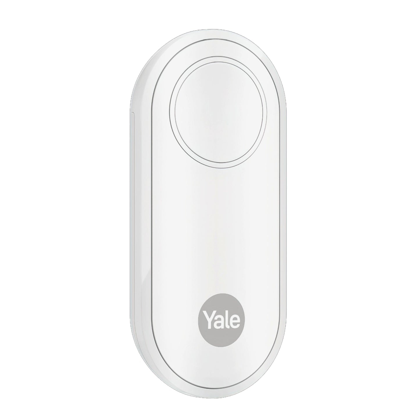 Yale Alarmknap hvid oval dørklokke med cirkulær knap øverst og Yale logo nederst.