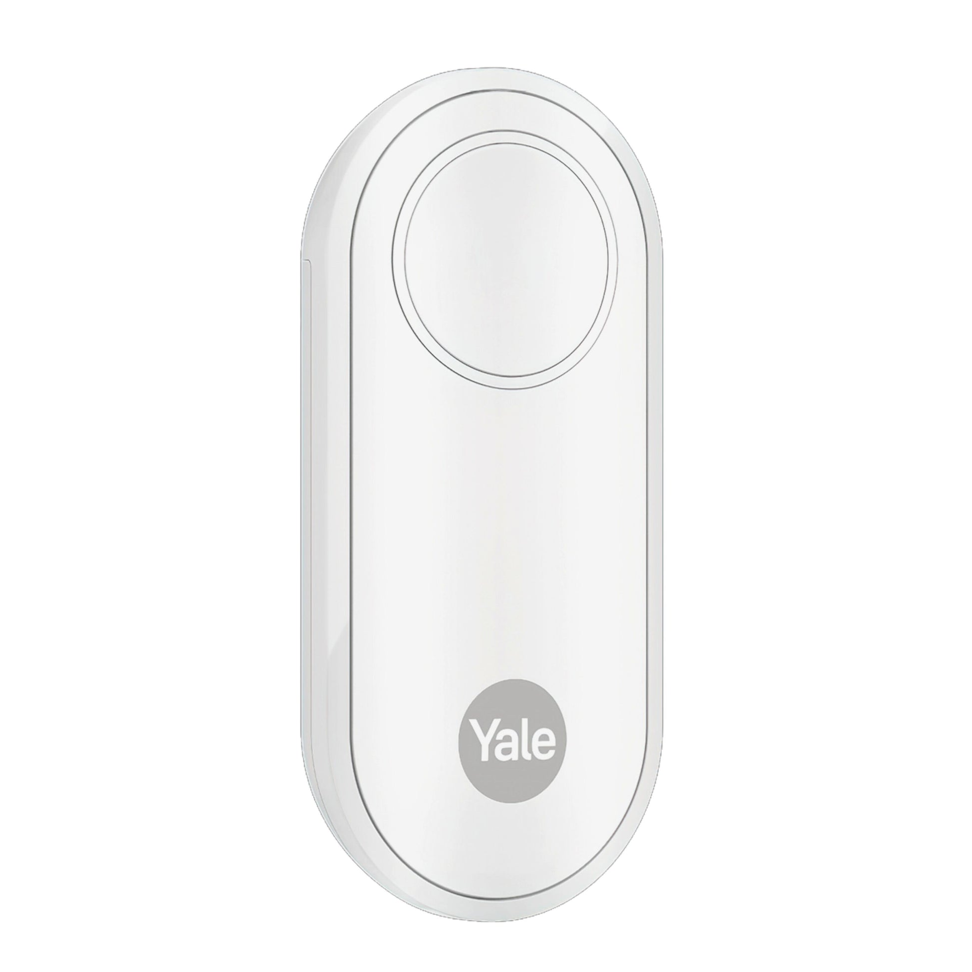 Yale Alarmknap hvid oval dørklokke med cirkulær knap øverst og Yale logo nederst.