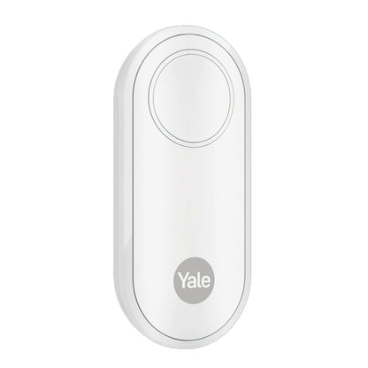 Yale Alarmknap hvid oval dørklokke med cirkulær knap øverst og Yale logo nederst.