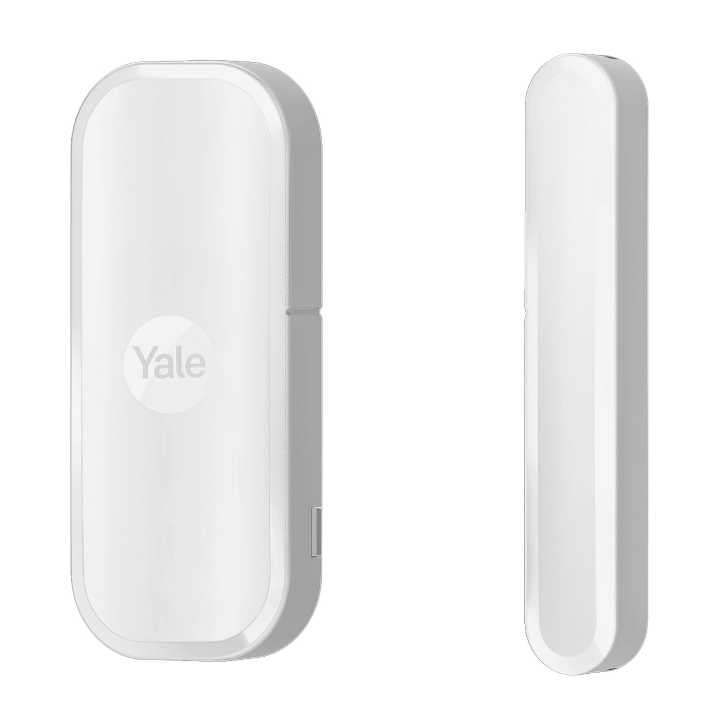 Yale magnetkontakt til indendørs brug, hvid rektangulær, afrundede kanter, vises forfra og fra siden.