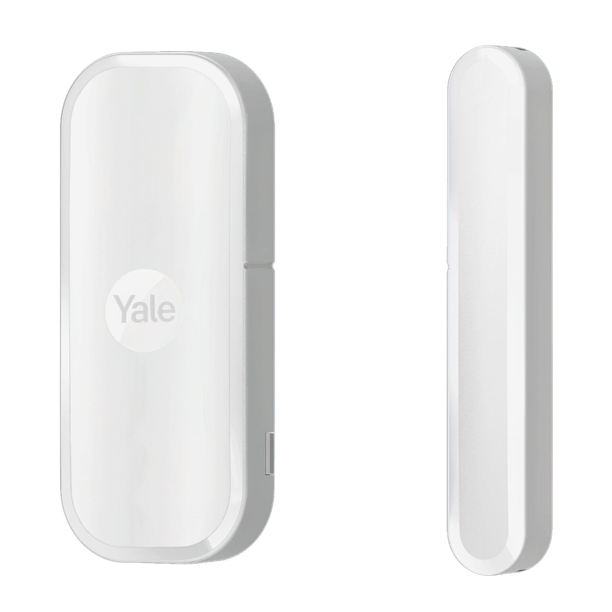Yale magnetkontakt til indendørs brug, hvid rektangulær, afrundede kanter, vises forfra og fra siden.