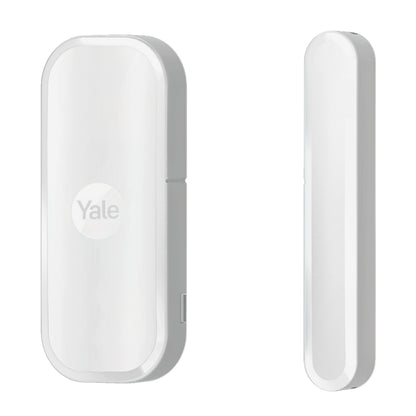 Yale magnetkontakt til indendørs brug, hvid rektangulær, afrundede kanter, vises forfra og fra siden.