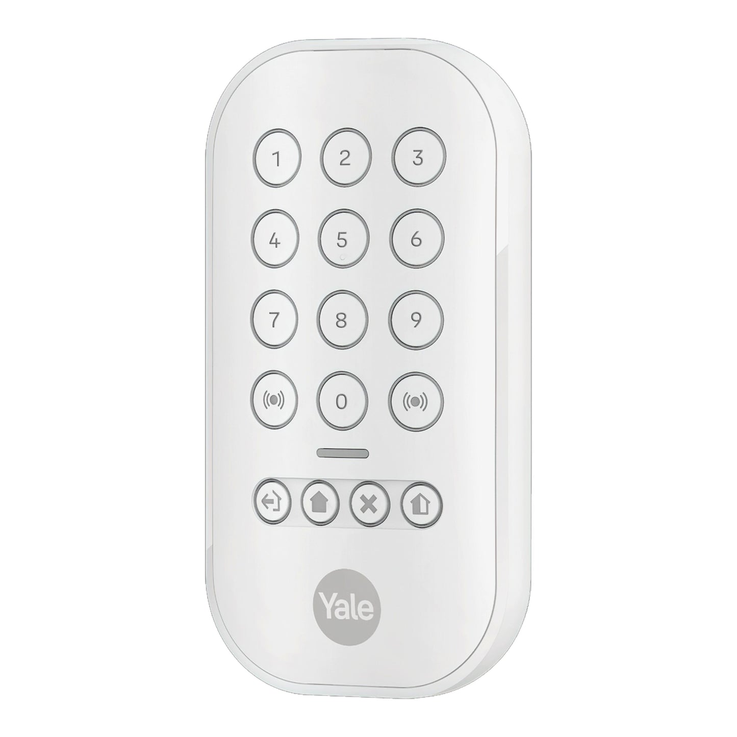 Yale Alarmknap sæt, hvidt tastatur med tal 0-9 og funktionsknapper til alarmsystem.