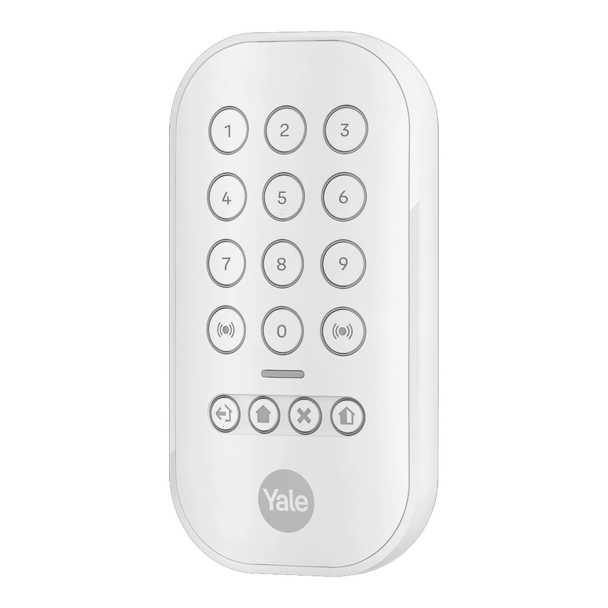 Yale Alarmknap sæt, hvidt tastatur med tal 0-9 og funktionsknapper til alarmsystem.