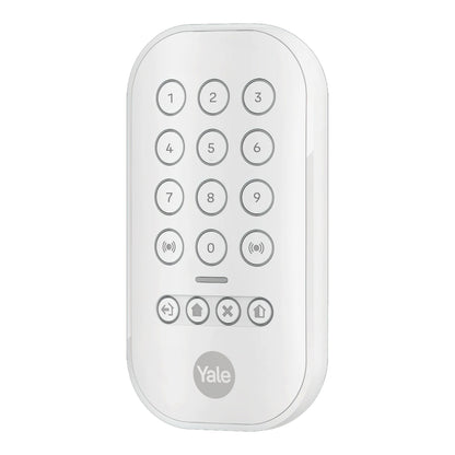 Yale Alarmknap sæt, hvidt tastatur med tal 0-9 og funktionsknapper til alarmsystem.