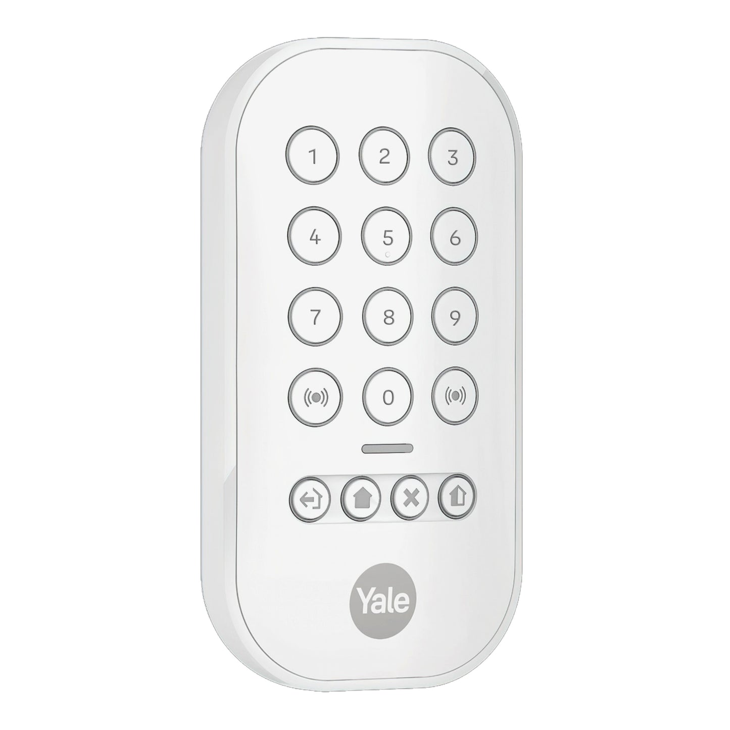 Yale alarmknap sæt, hvidt vægmonteret nøglepanel med numerisk tastatur 0-9, brandfunktionsknapper, Yale-logo nederst.