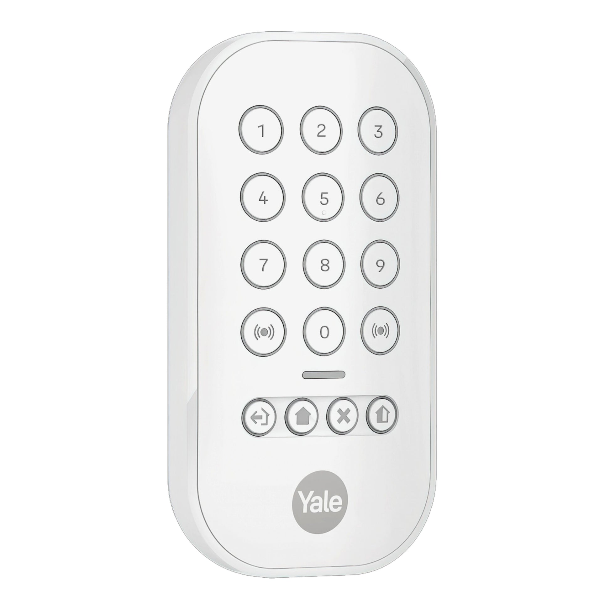 Yale alarmknap sæt, hvidt vægmonteret nøglepanel med numerisk tastatur 0-9, brandfunktionsknapper, Yale-logo nederst.