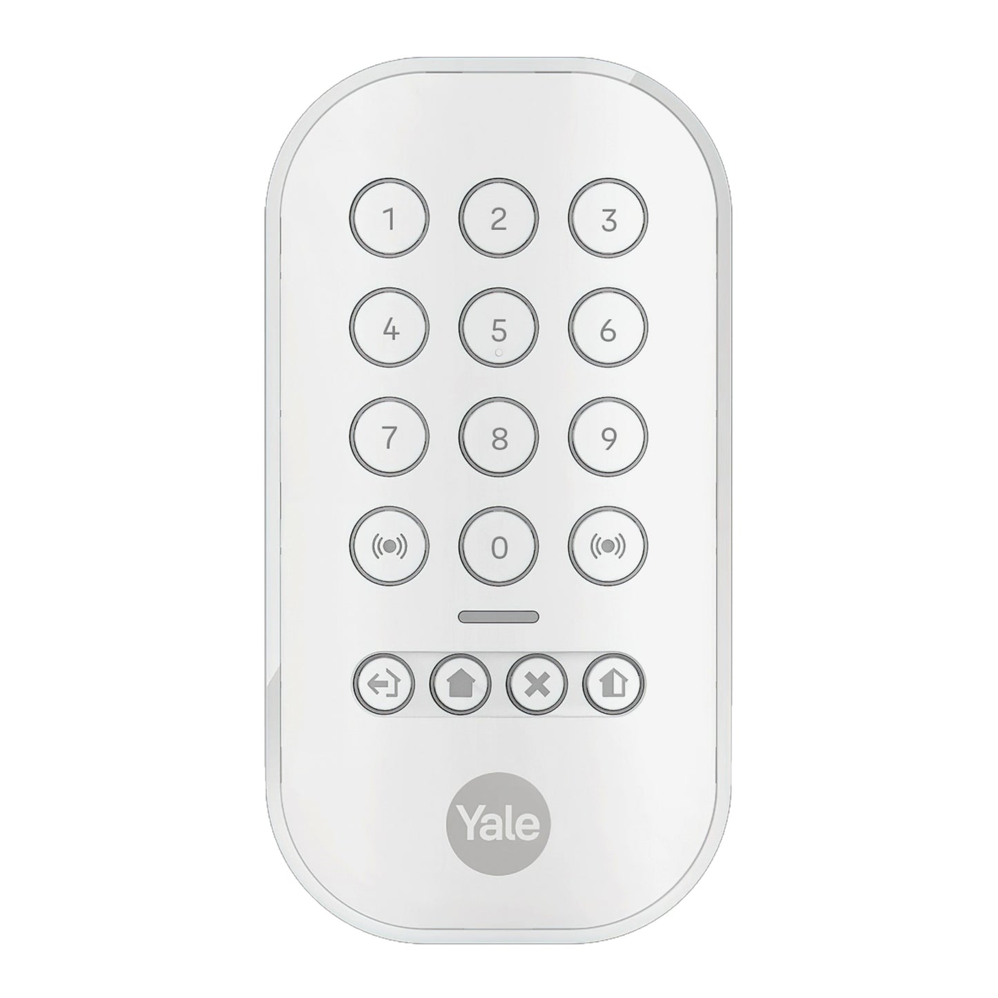 Yale alarmknapsæt, kompakt afrundet rektangel med taster 0-9, fire runde knapper og fire ikonknapper til lås og oplåsning.